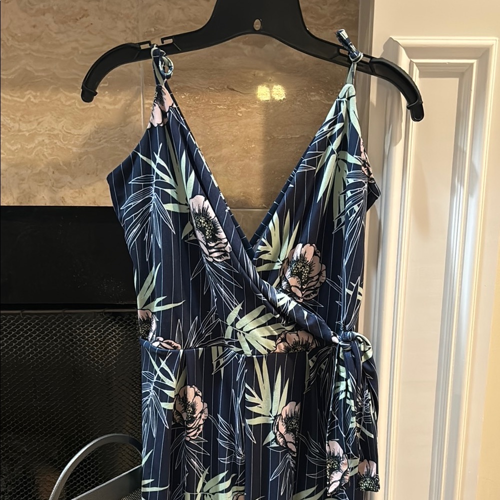 Just Be Blue and Green Tropical Jumpsuit V-Neck Wide Leg - Picture 2 of 5